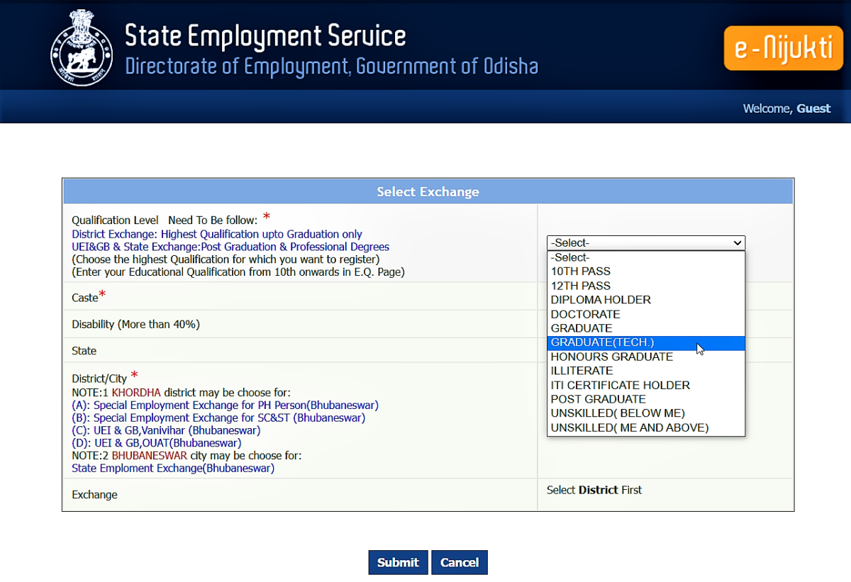 Qualification Level & Corresponding Exam Passed – State Employment Exchange – Odisha
